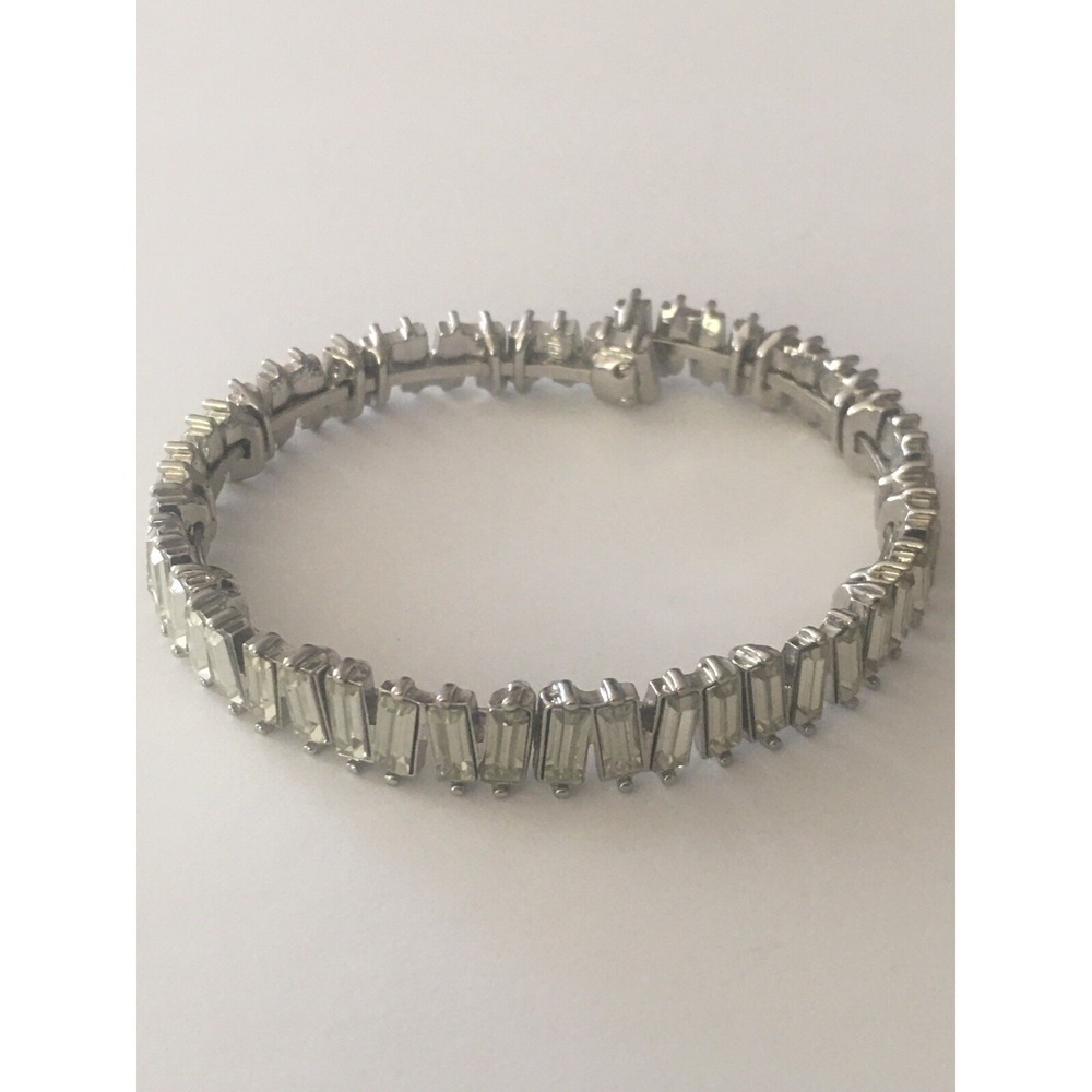 Vintage Art Deco Rhinestone Bracelet Silver Tone Baguette Tennis Bracelet